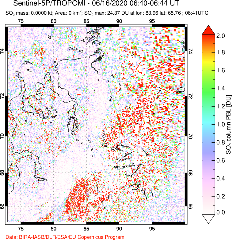 A sulfur dioxide image over Norilsk, Russian Federation on Jun 16, 2020.