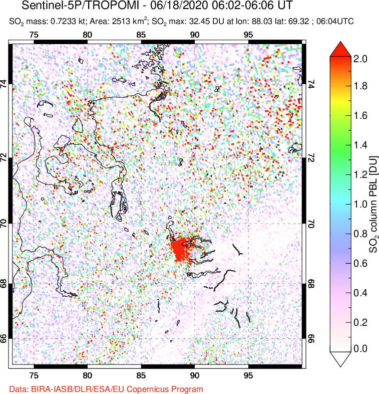 A sulfur dioxide image over Norilsk, Russian Federation on Jun 18, 2020.