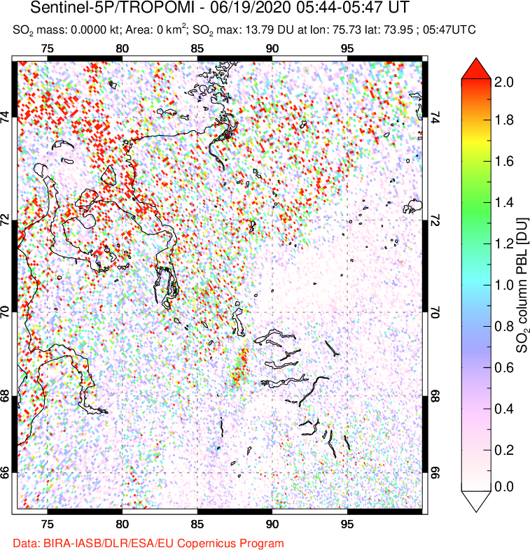 A sulfur dioxide image over Norilsk, Russian Federation on Jun 19, 2020.