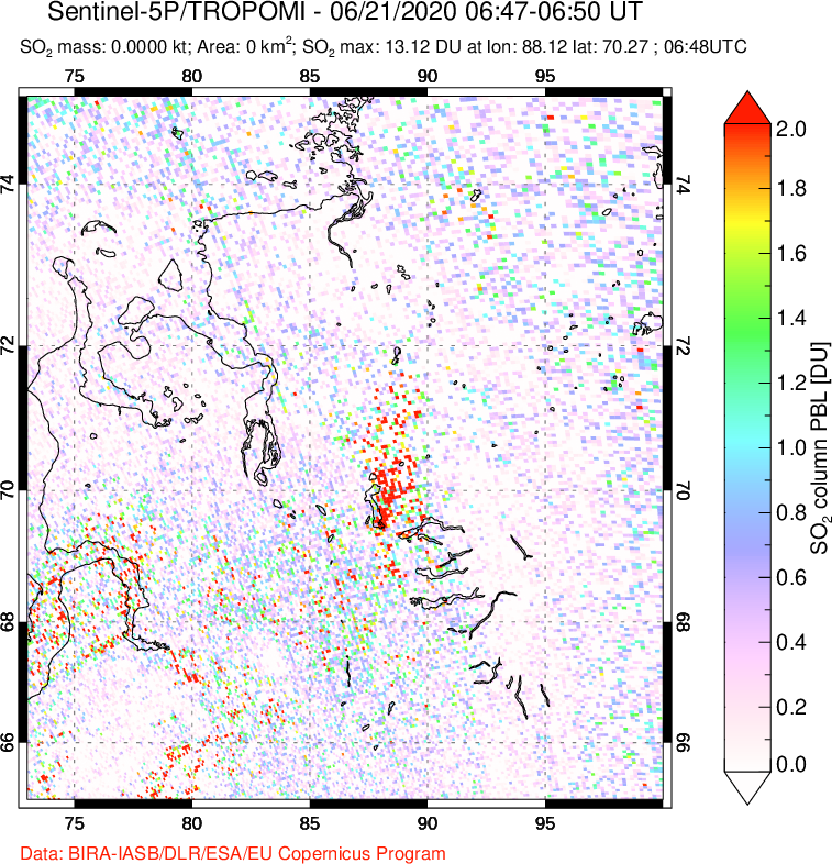 A sulfur dioxide image over Norilsk, Russian Federation on Jun 21, 2020.