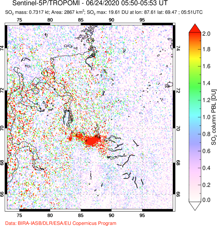 A sulfur dioxide image over Norilsk, Russian Federation on Jun 24, 2020.