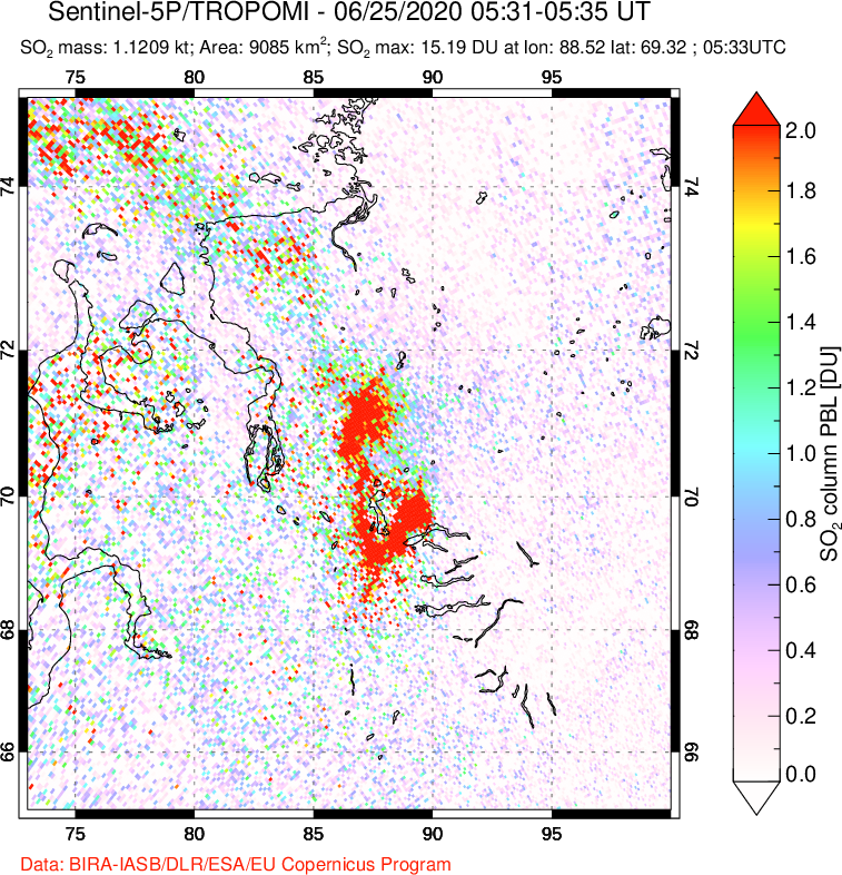 A sulfur dioxide image over Norilsk, Russian Federation on Jun 25, 2020.