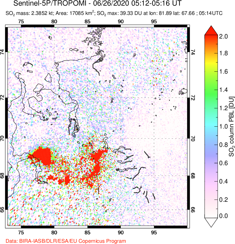 A sulfur dioxide image over Norilsk, Russian Federation on Jun 26, 2020.