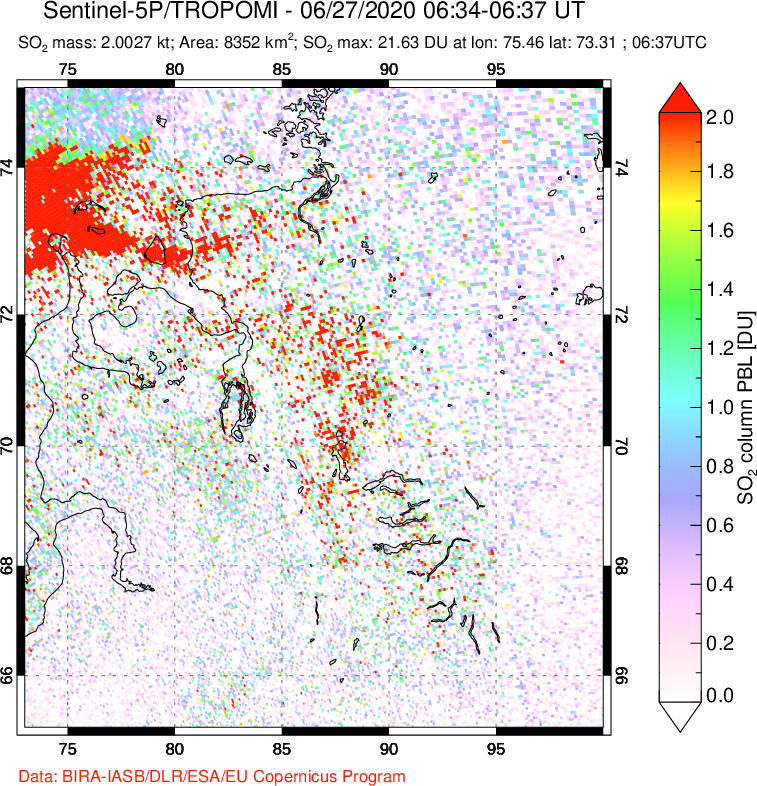 A sulfur dioxide image over Norilsk, Russian Federation on Jun 27, 2020.