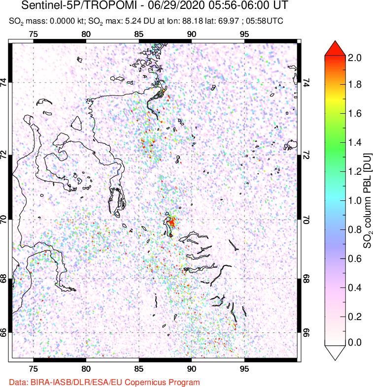 A sulfur dioxide image over Norilsk, Russian Federation on Jun 29, 2020.