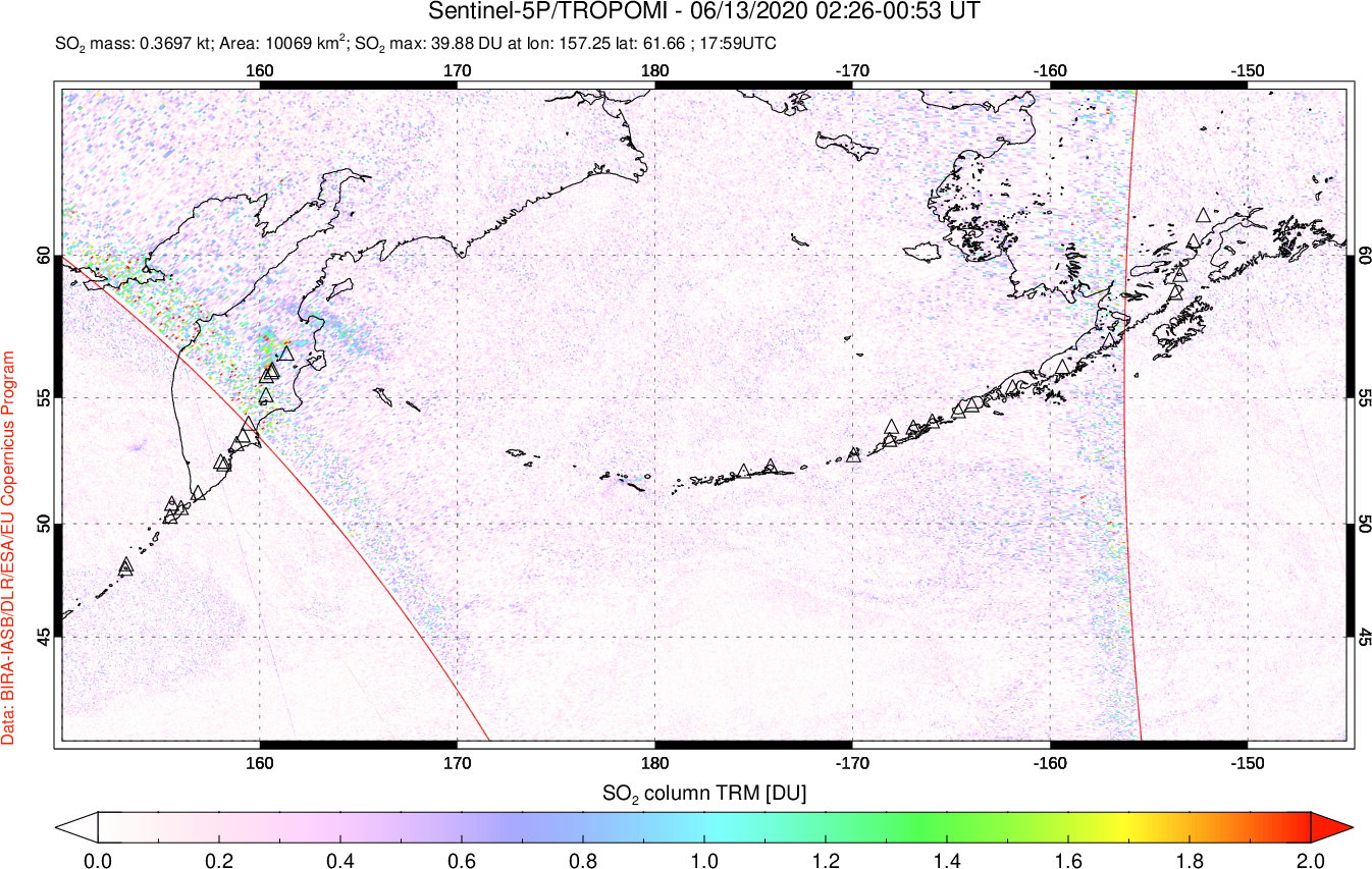 A sulfur dioxide image over North Pacific on Jun 13, 2020.