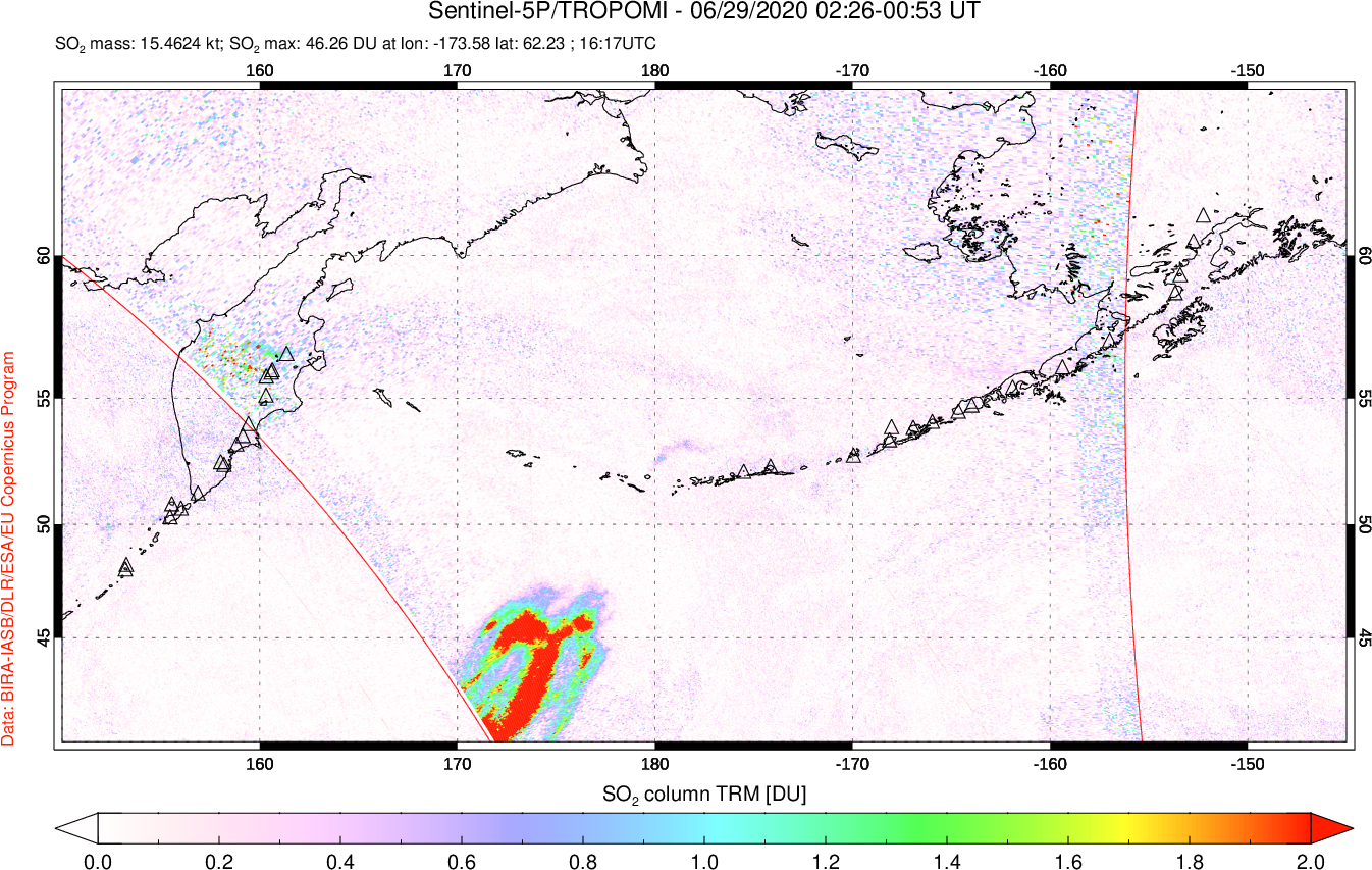 A sulfur dioxide image over North Pacific on Jun 29, 2020.