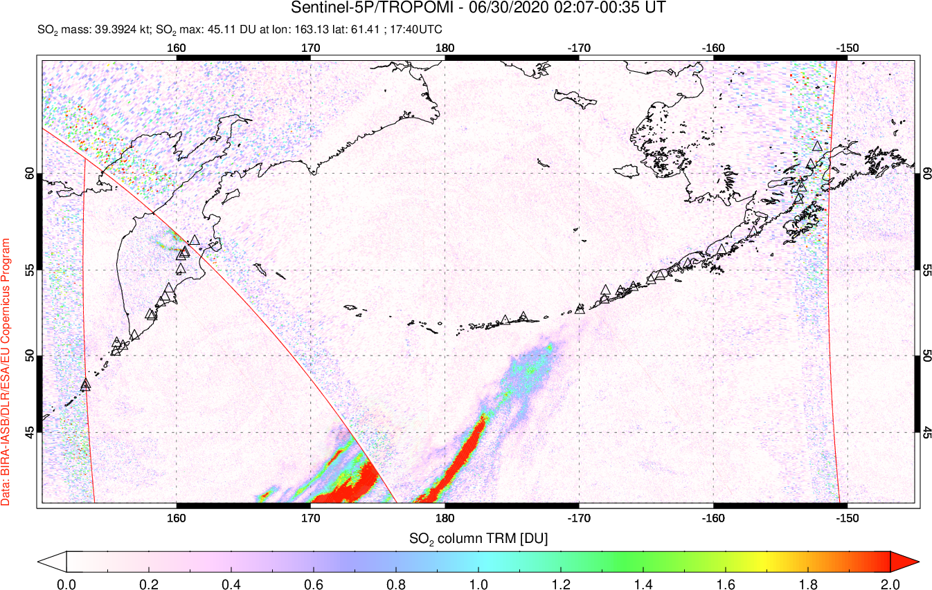 A sulfur dioxide image over North Pacific on Jun 30, 2020.