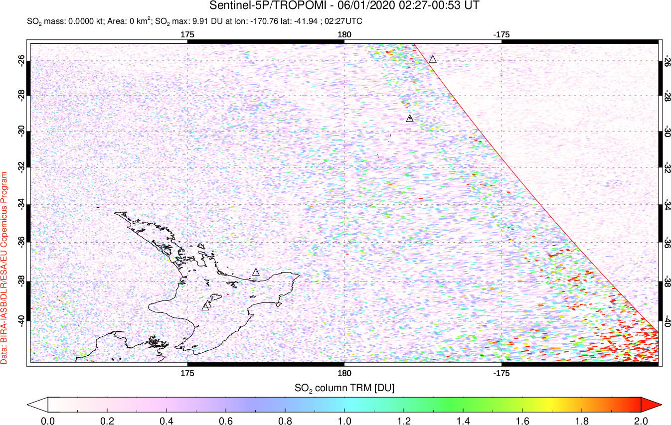A sulfur dioxide image over New Zealand on Jun 01, 2020.