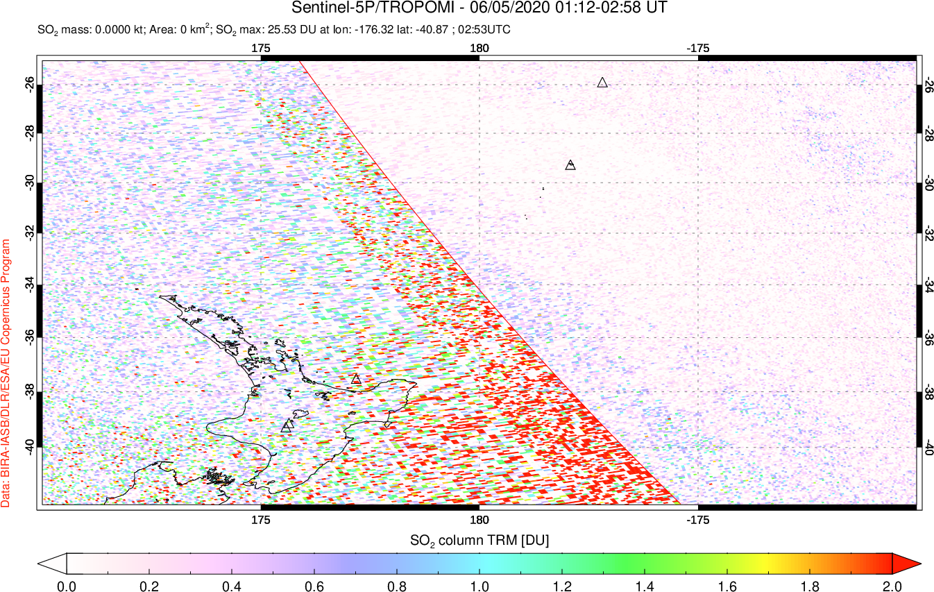 A sulfur dioxide image over New Zealand on Jun 05, 2020.