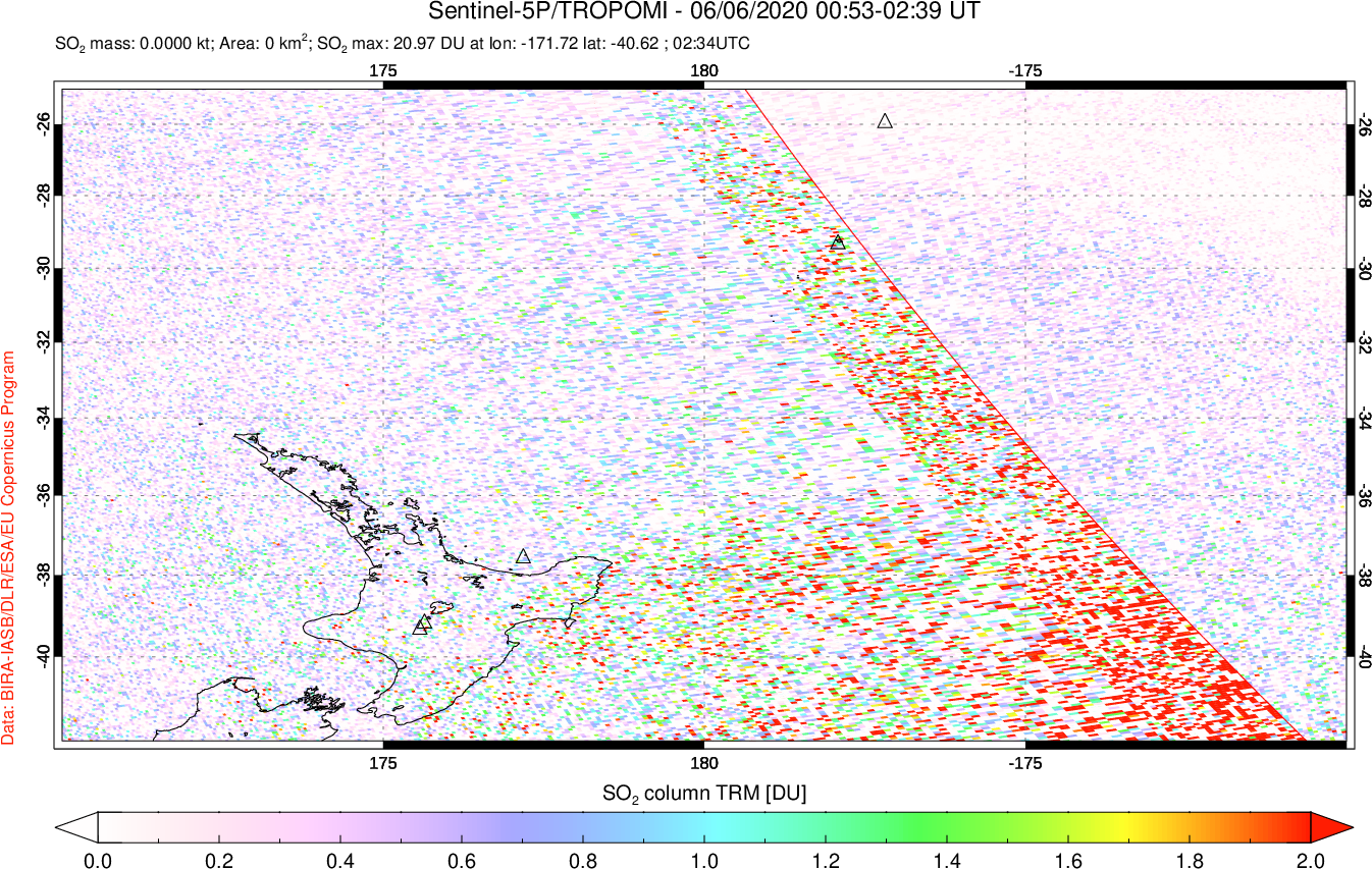 A sulfur dioxide image over New Zealand on Jun 06, 2020.
