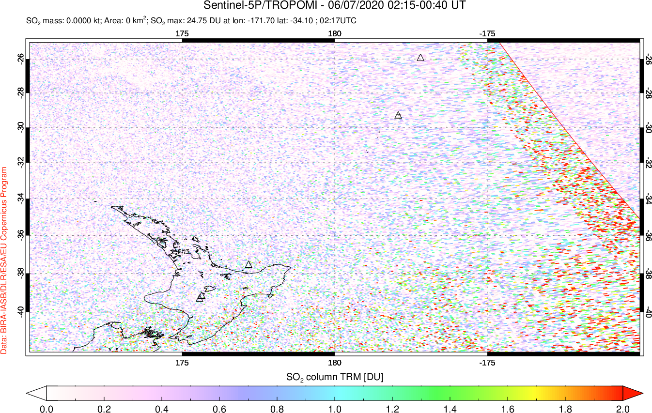A sulfur dioxide image over New Zealand on Jun 07, 2020.