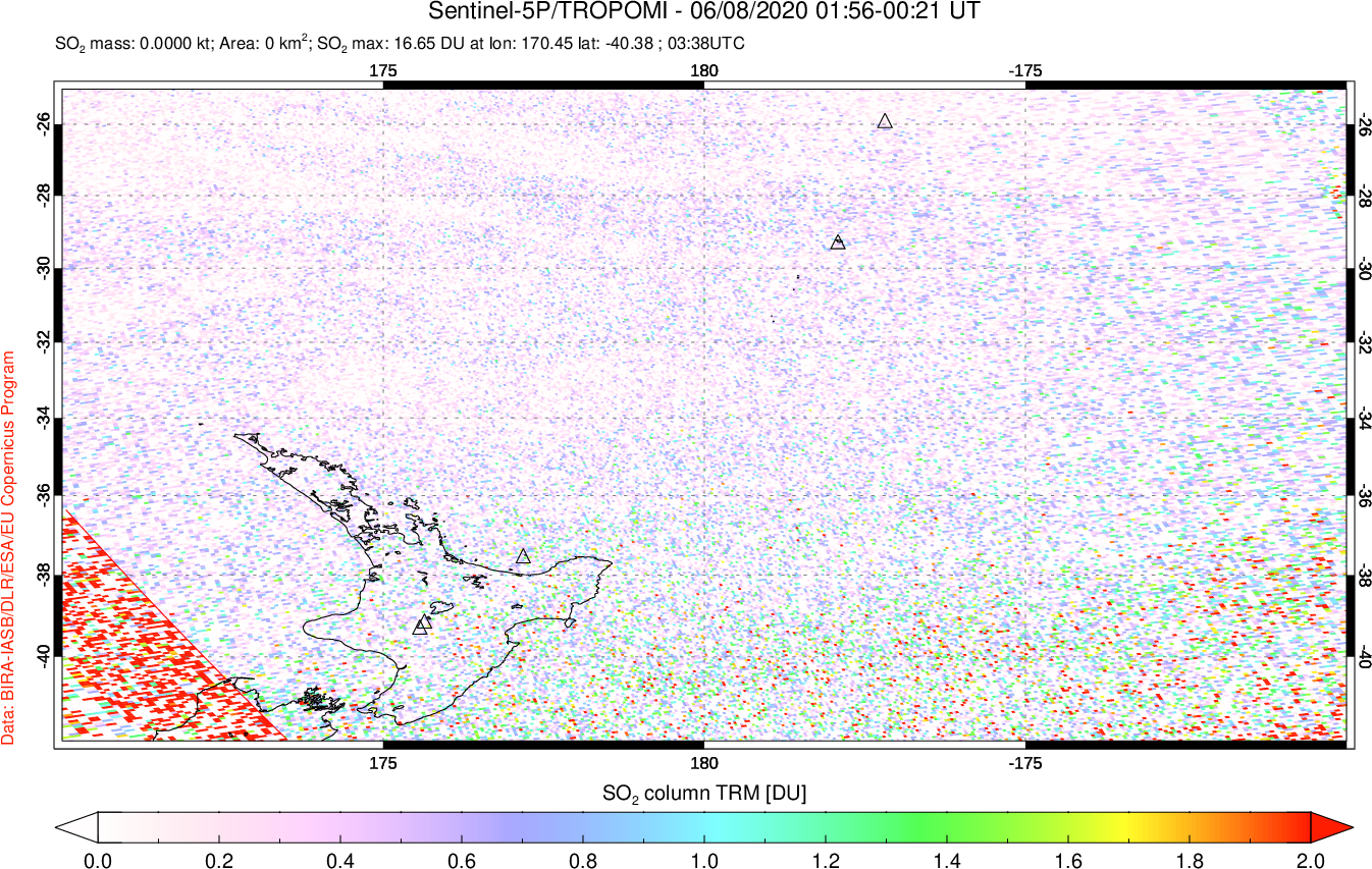 A sulfur dioxide image over New Zealand on Jun 08, 2020.