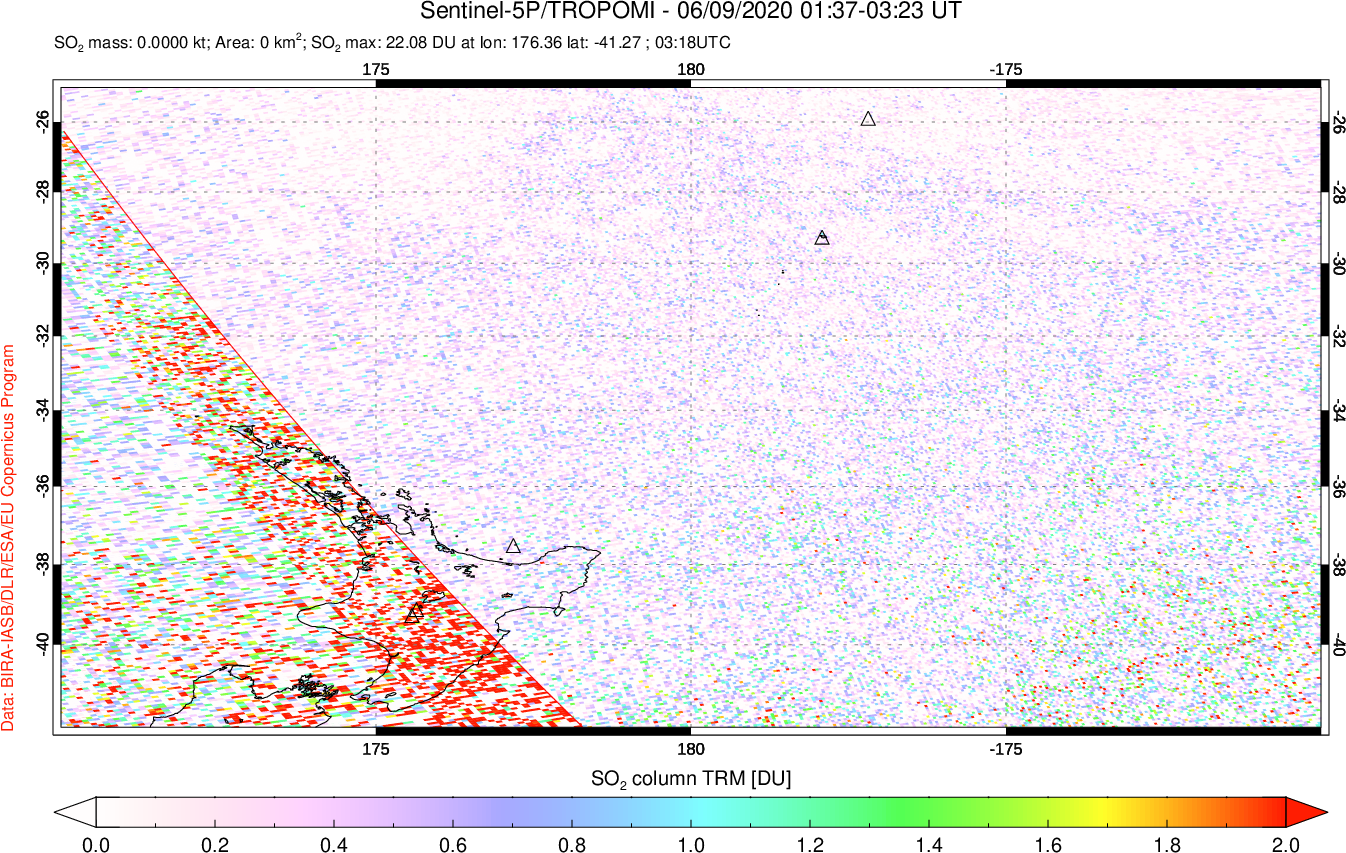 A sulfur dioxide image over New Zealand on Jun 09, 2020.