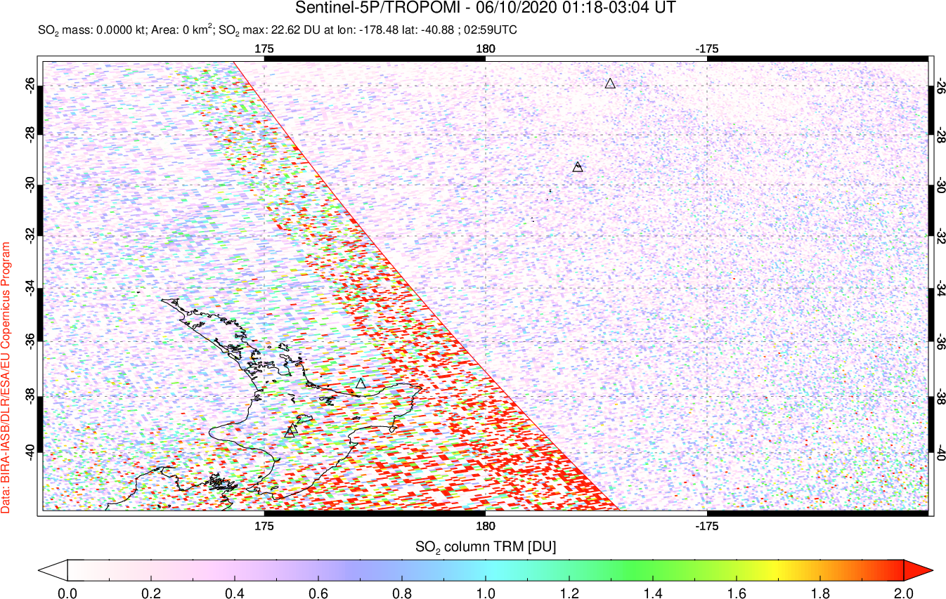 A sulfur dioxide image over New Zealand on Jun 10, 2020.