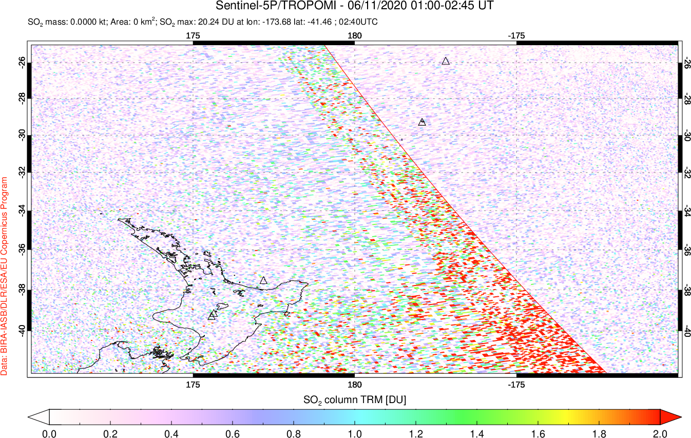 A sulfur dioxide image over New Zealand on Jun 11, 2020.