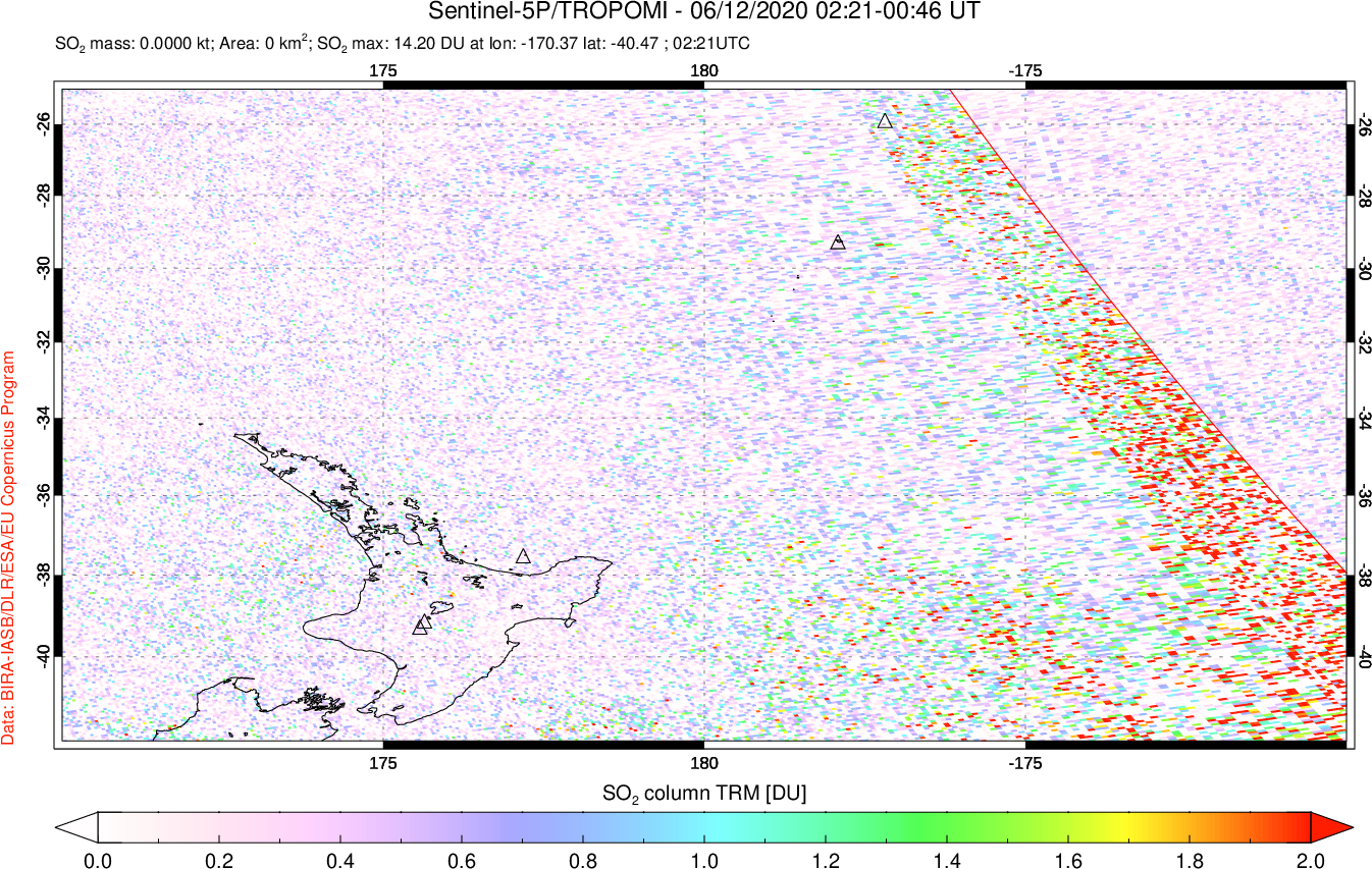 A sulfur dioxide image over New Zealand on Jun 12, 2020.