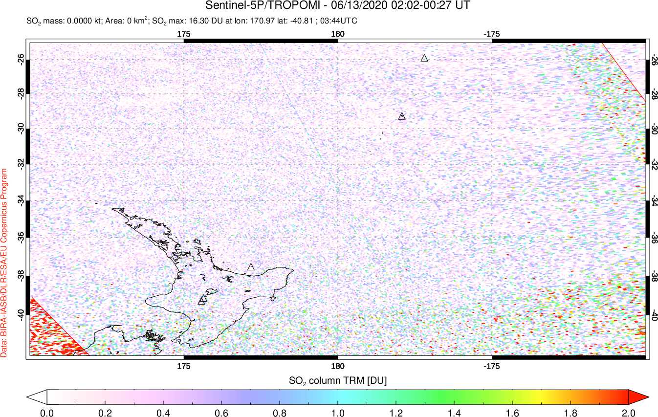 A sulfur dioxide image over New Zealand on Jun 13, 2020.