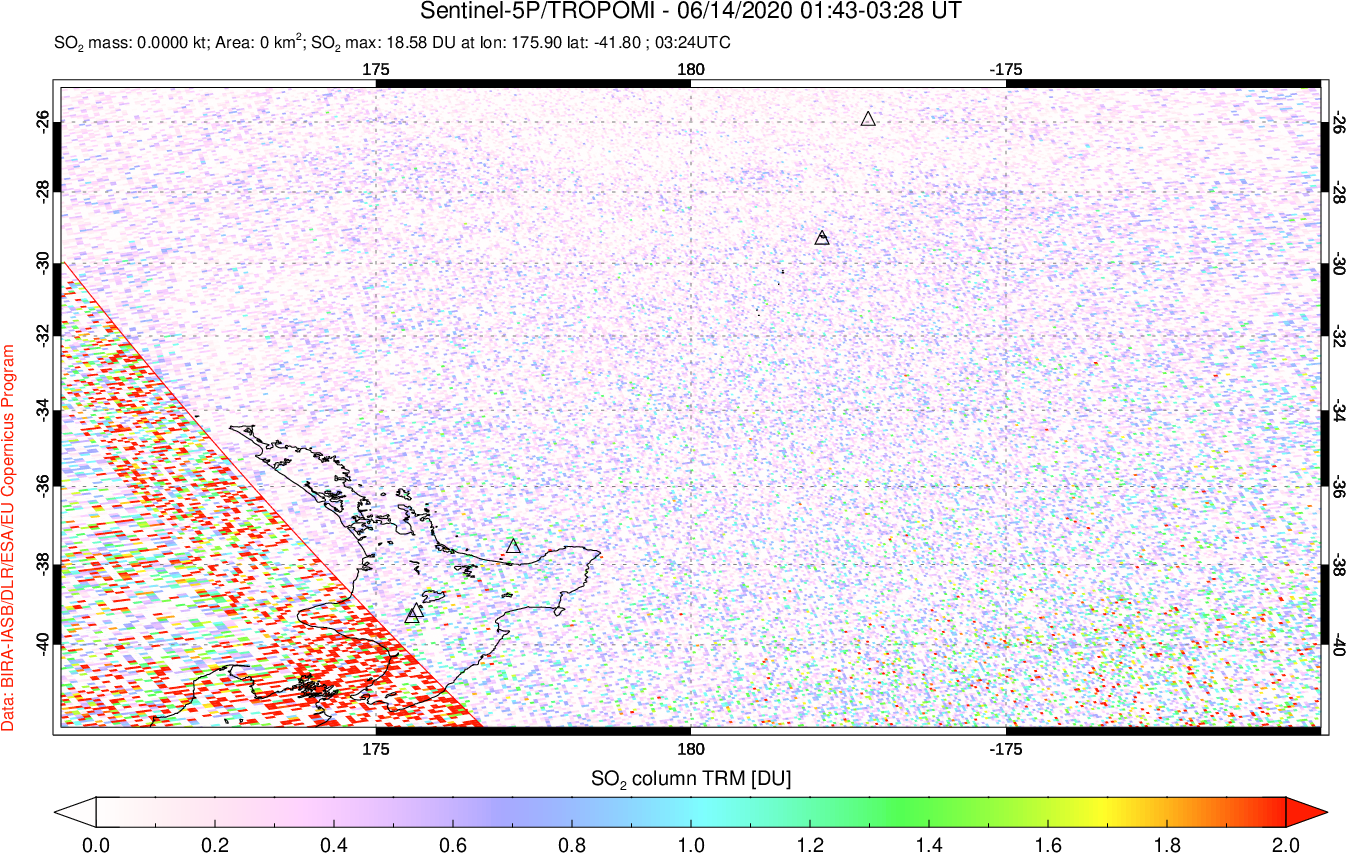 A sulfur dioxide image over New Zealand on Jun 14, 2020.