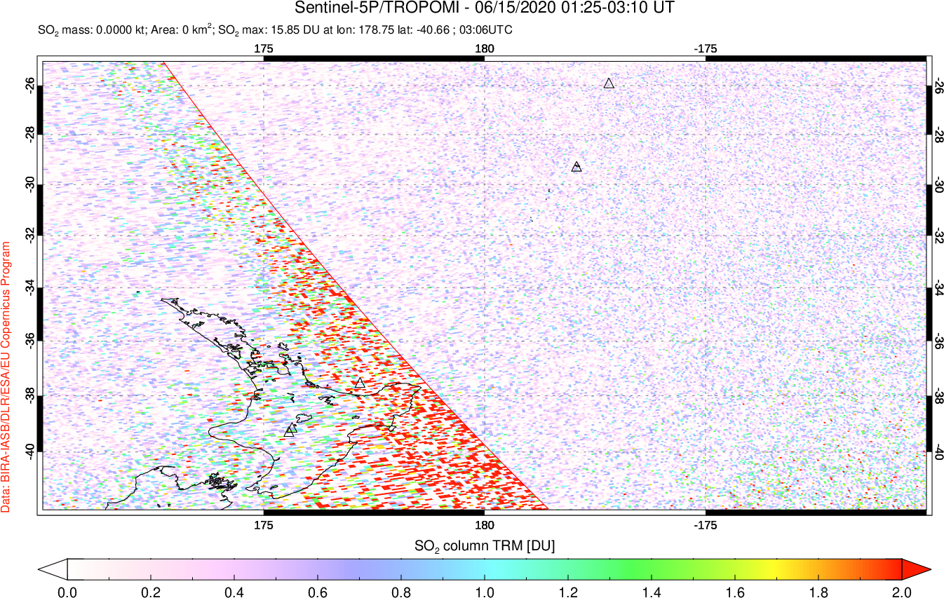 A sulfur dioxide image over New Zealand on Jun 15, 2020.
