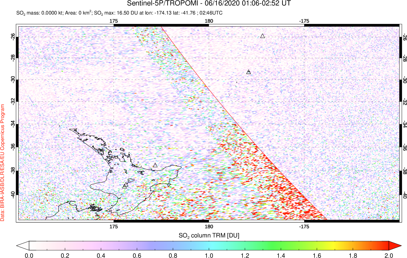 A sulfur dioxide image over New Zealand on Jun 16, 2020.