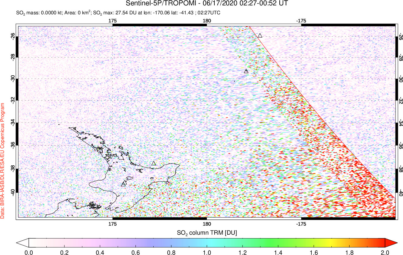 A sulfur dioxide image over New Zealand on Jun 17, 2020.