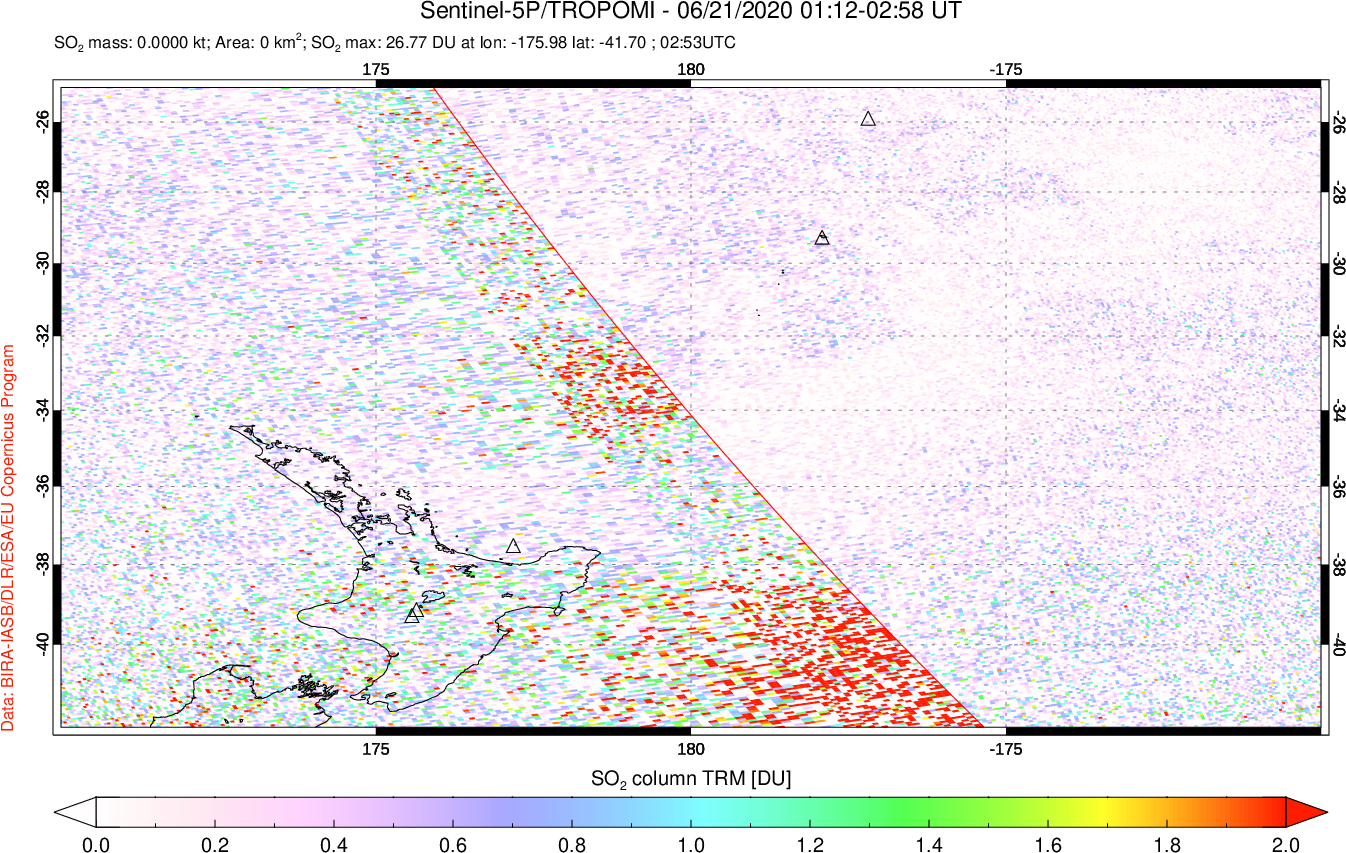 A sulfur dioxide image over New Zealand on Jun 21, 2020.