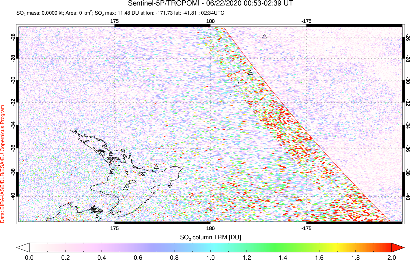 A sulfur dioxide image over New Zealand on Jun 22, 2020.