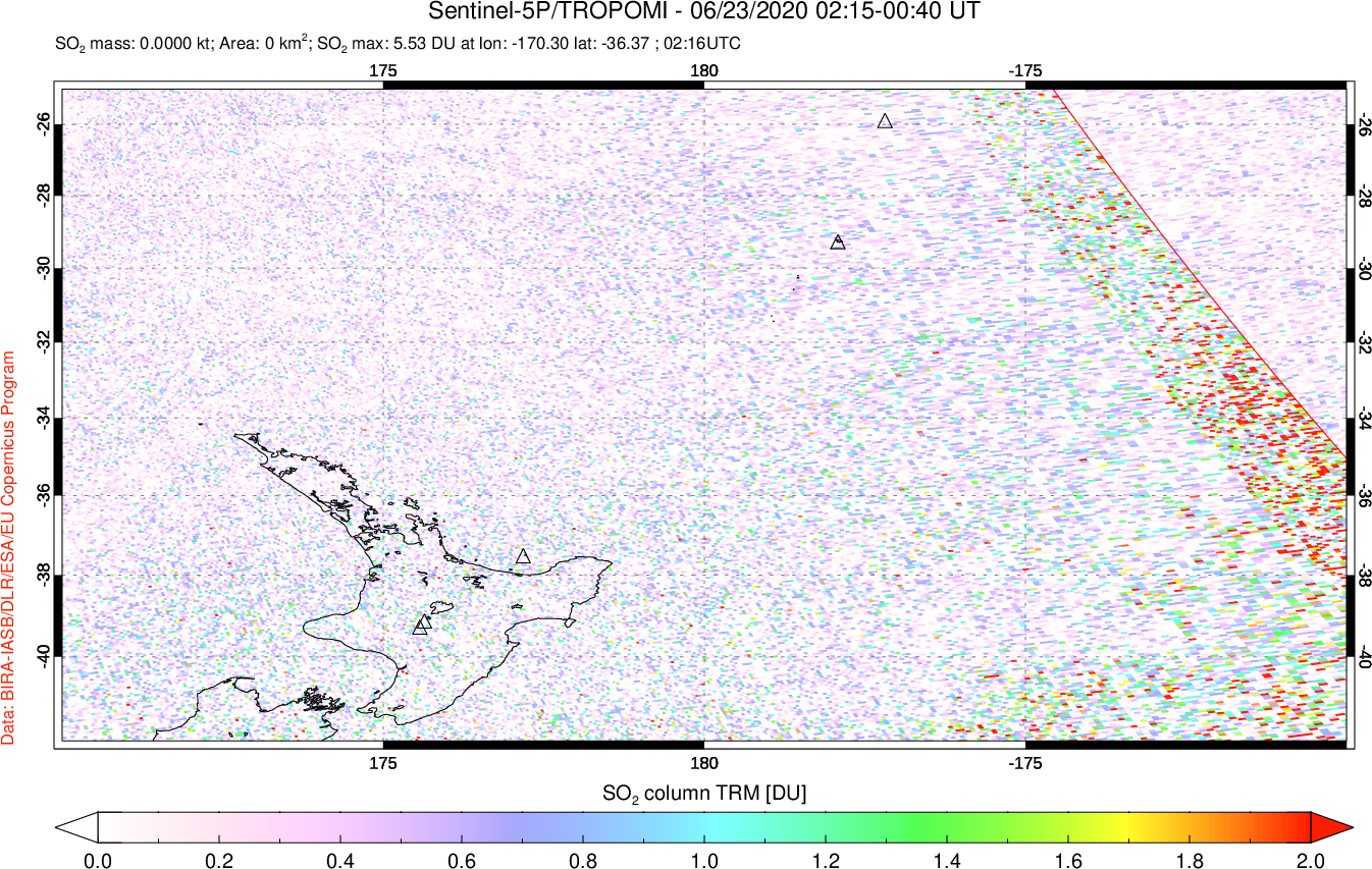 A sulfur dioxide image over New Zealand on Jun 23, 2020.