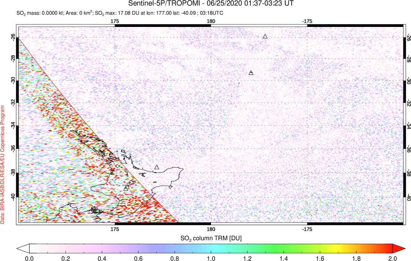 A sulfur dioxide image over New Zealand on Jun 25, 2020.