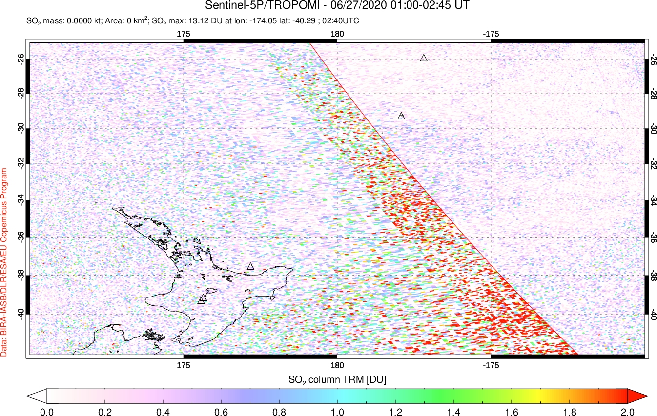 A sulfur dioxide image over New Zealand on Jun 27, 2020.