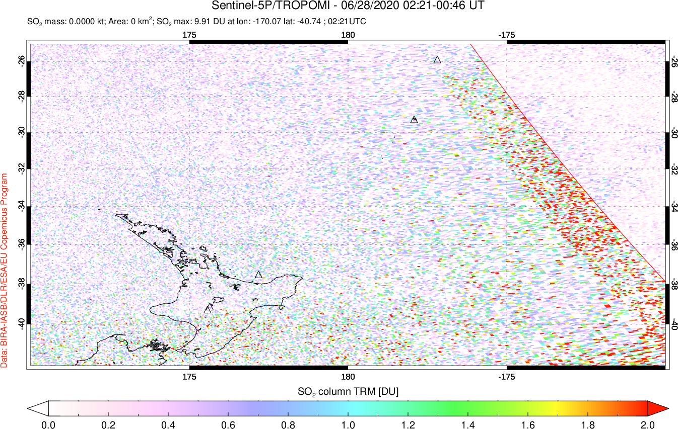 A sulfur dioxide image over New Zealand on Jun 28, 2020.