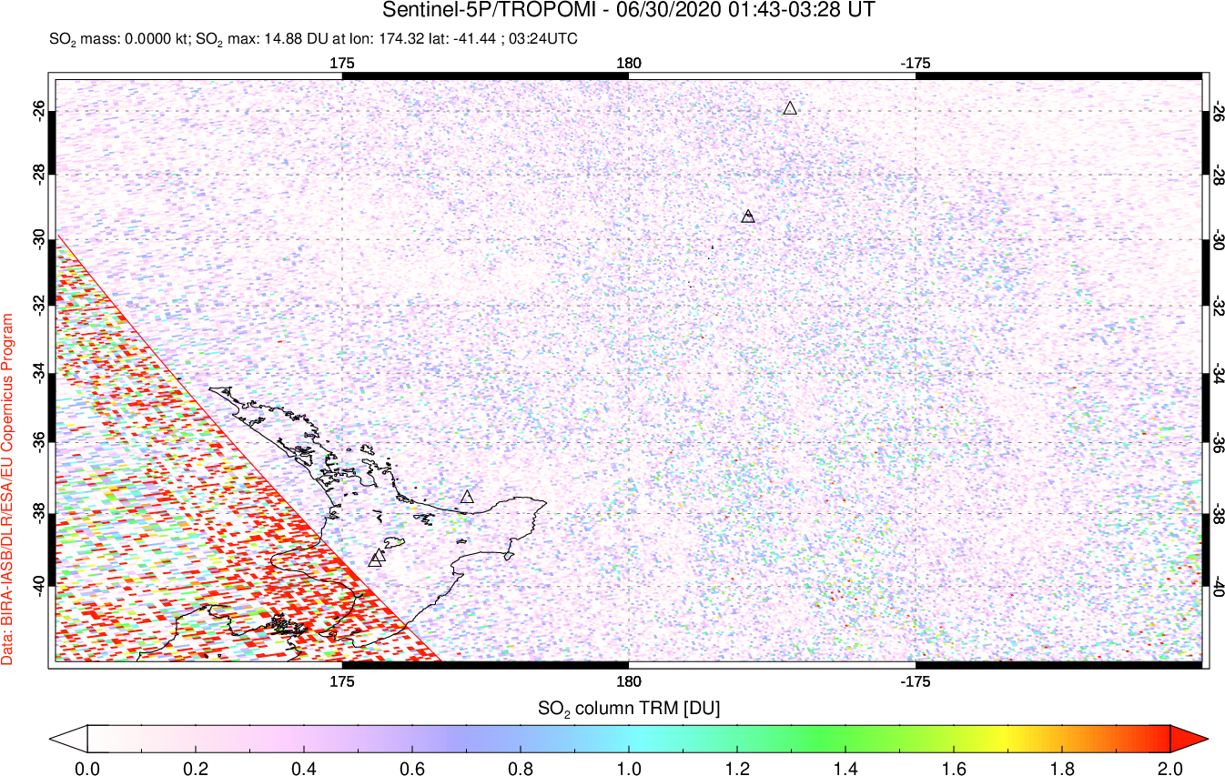 A sulfur dioxide image over New Zealand on Jun 30, 2020.