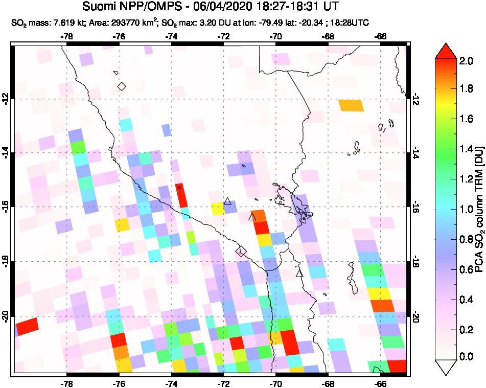 A sulfur dioxide image over Peru on Jun 04, 2020.
