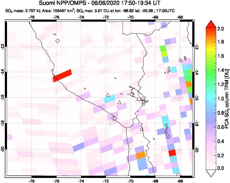 A sulfur dioxide image over Peru on Jun 06, 2020.