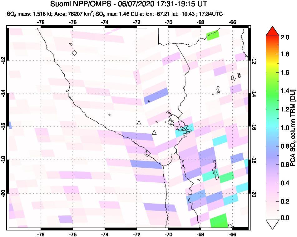 A sulfur dioxide image over Peru on Jun 07, 2020.