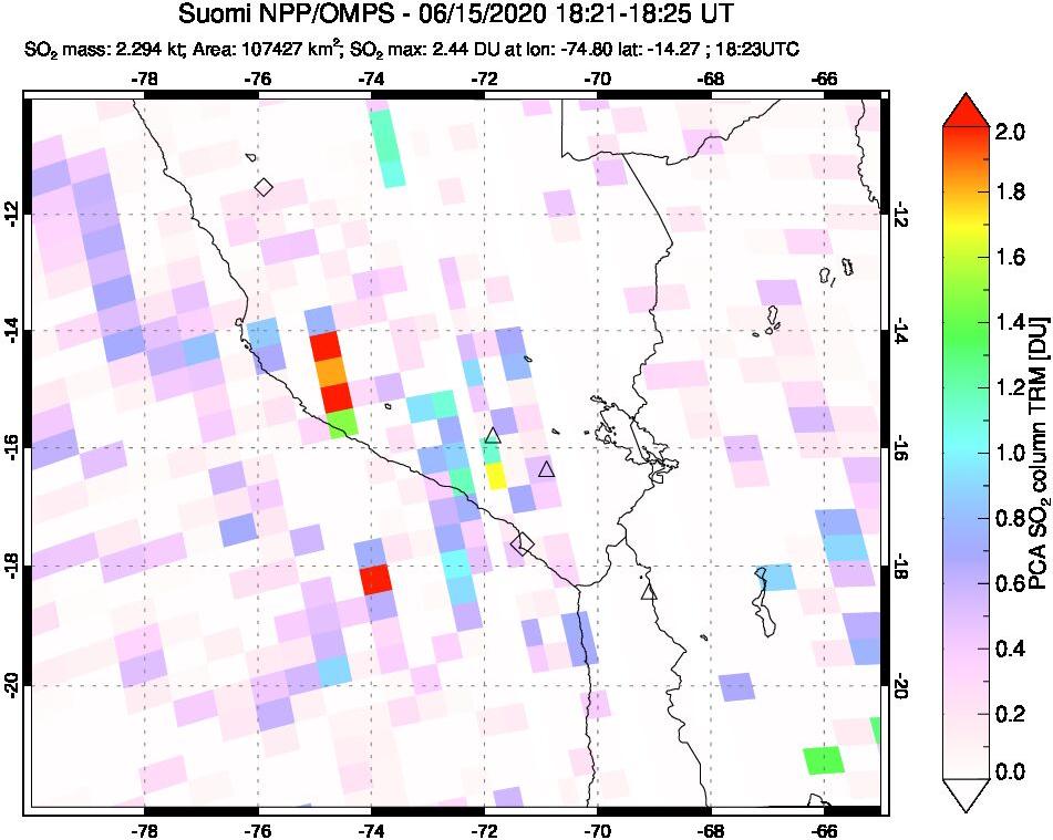 A sulfur dioxide image over Peru on Jun 15, 2020.