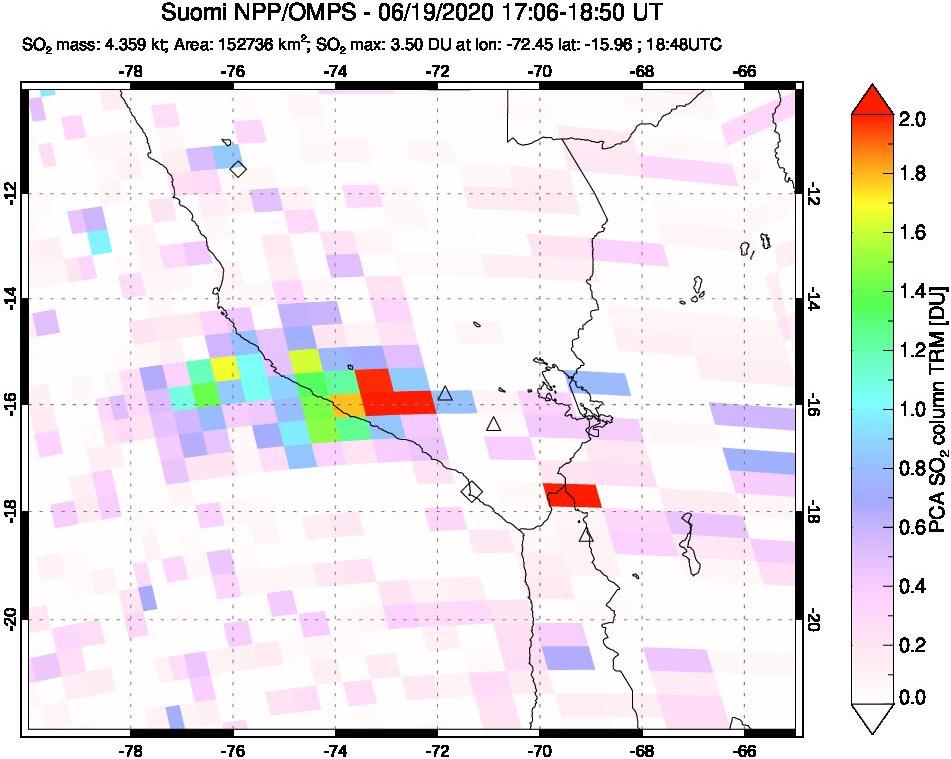A sulfur dioxide image over Peru on Jun 19, 2020.