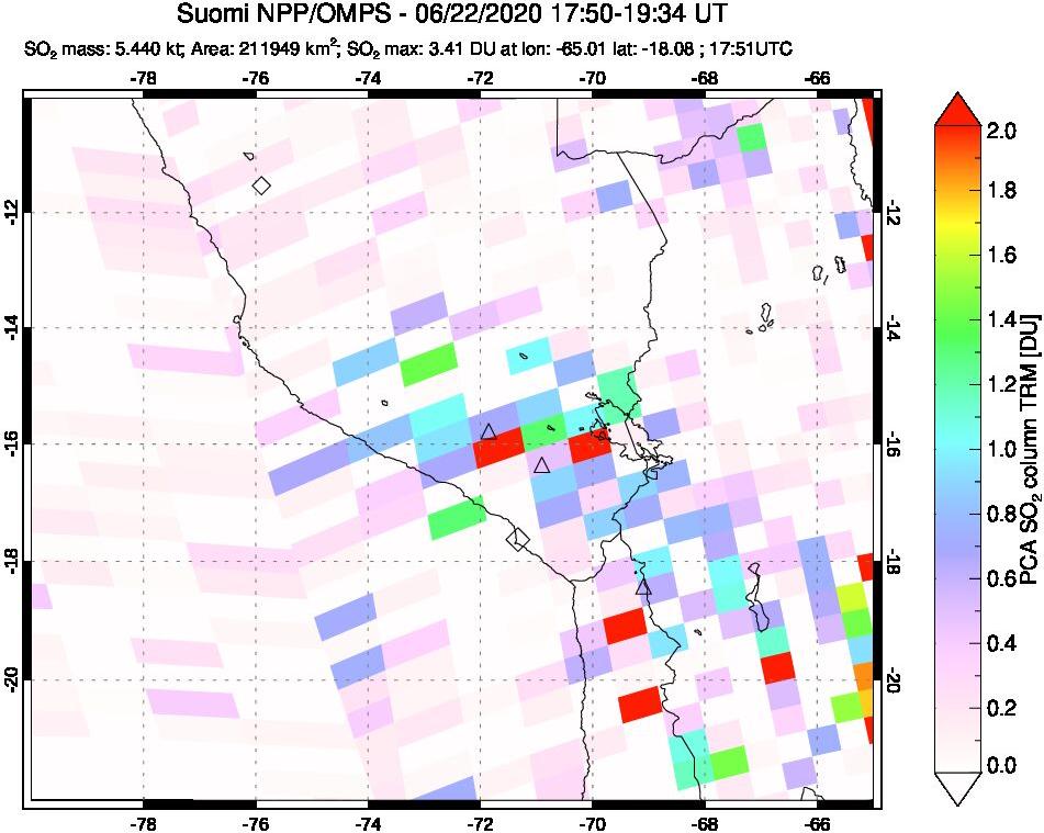 A sulfur dioxide image over Peru on Jun 22, 2020.