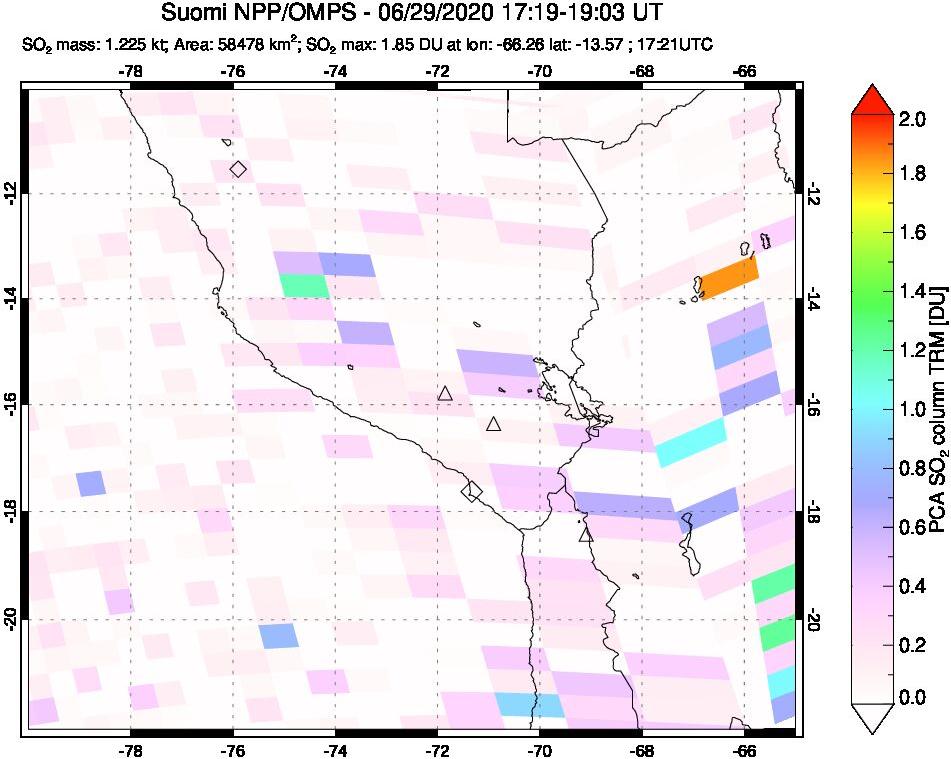 A sulfur dioxide image over Peru on Jun 29, 2020.