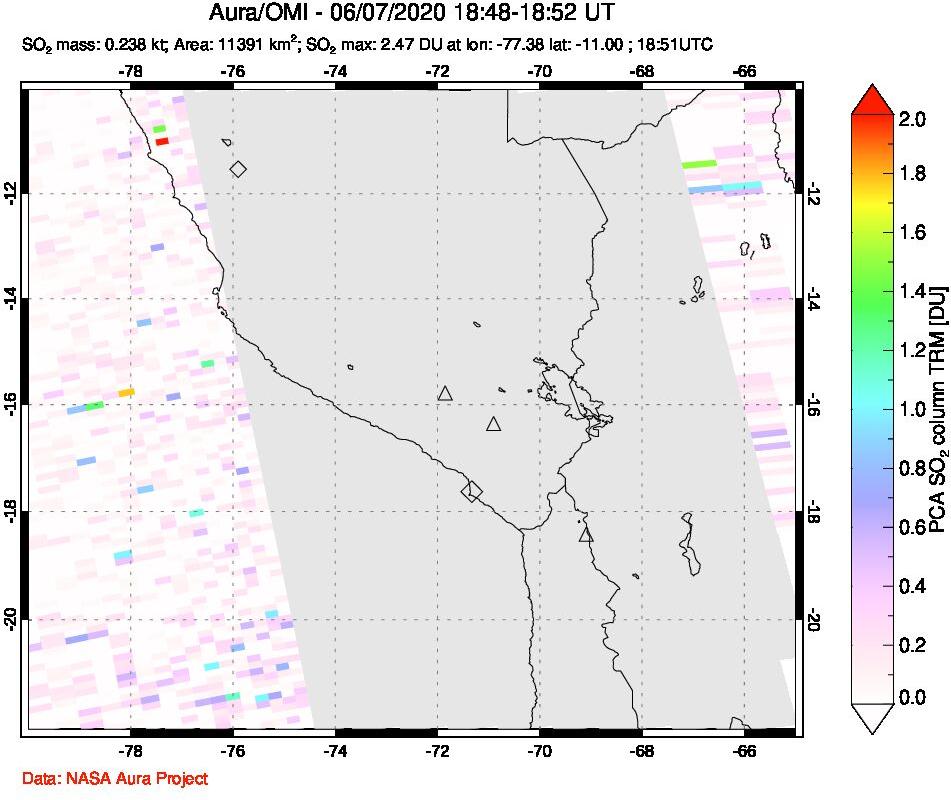 A sulfur dioxide image over Peru on Jun 07, 2020.