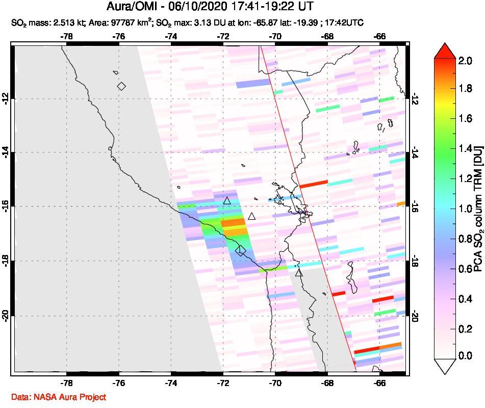 A sulfur dioxide image over Peru on Jun 10, 2020.