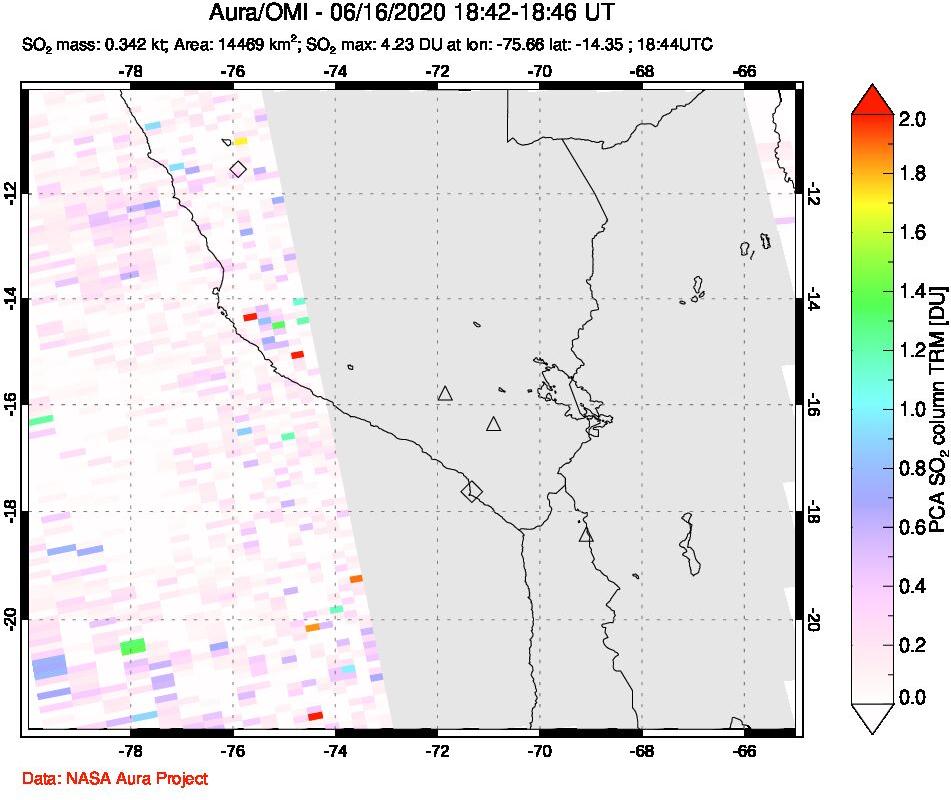 A sulfur dioxide image over Peru on Jun 16, 2020.