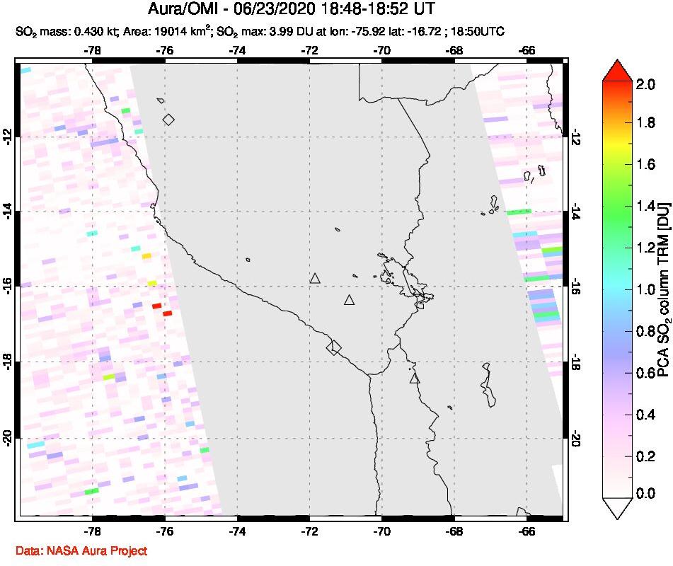 A sulfur dioxide image over Peru on Jun 23, 2020.
