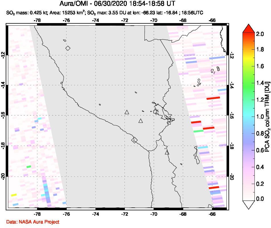 A sulfur dioxide image over Peru on Jun 30, 2020.