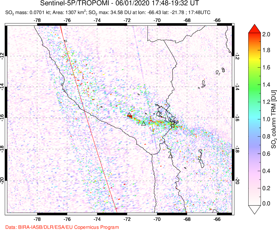 A sulfur dioxide image over Peru on Jun 01, 2020.