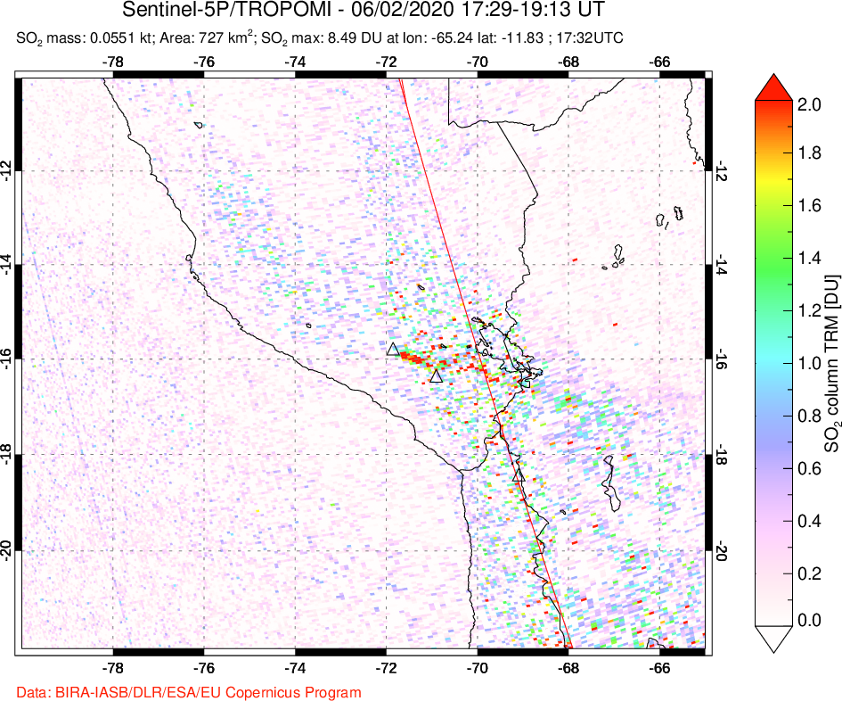 A sulfur dioxide image over Peru on Jun 02, 2020.