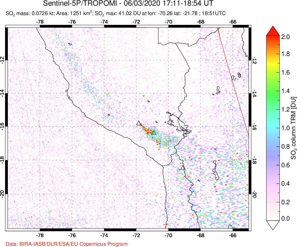 A sulfur dioxide image over Peru on Jun 03, 2020.