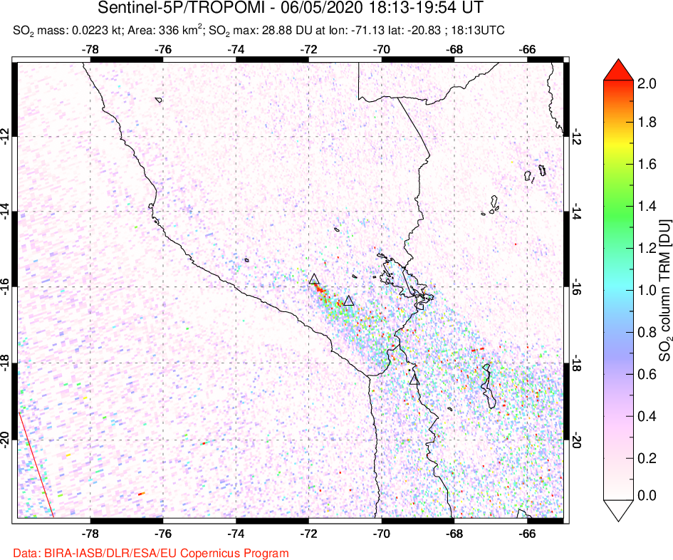 A sulfur dioxide image over Peru on Jun 05, 2020.