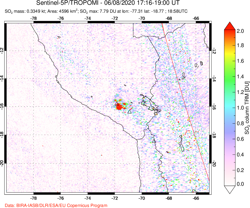 A sulfur dioxide image over Peru on Jun 08, 2020.